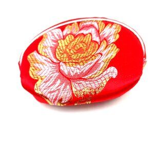 Red Wallet Zippered Coin Purse Chinese Satin Floral with Silver Trim